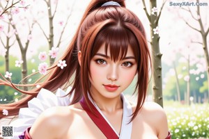 A woman in traditional attire holds a sword outside a wooden building with greenery around.