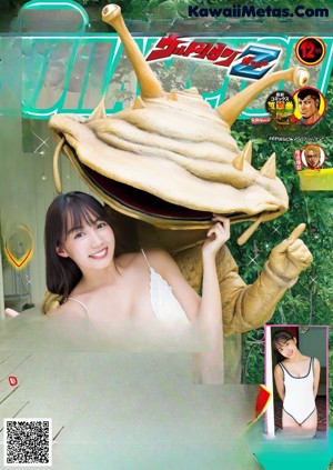 A collage of photos of a woman in a white dress and a bug costume.