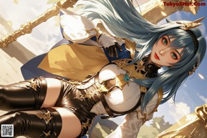 A woman with blue hair sitting on a stone ledge.