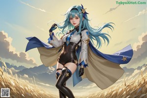 A woman with blue hair sitting on a stone ledge.