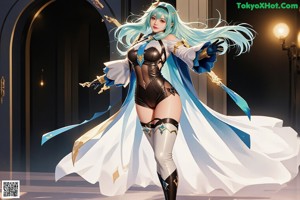 A woman with blue hair wearing a white and black outfit.