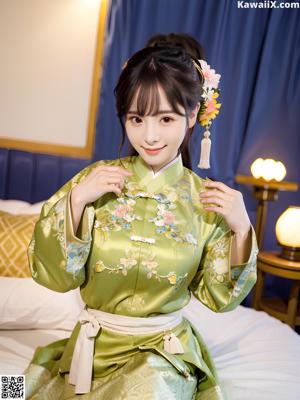 A woman in a blue kimono sitting on a wooden floor.