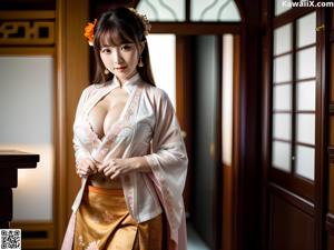 A woman in a yellow dress sitting on a bed.