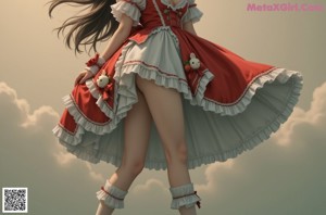 A woman in a red and white dress is posing for a picture.