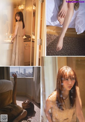 A magazine spread with a woman in a white dress.
