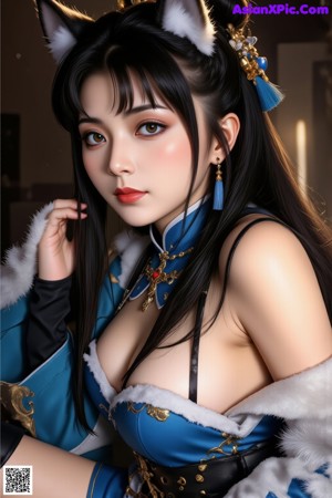 A woman in a blue dress holding a sword.