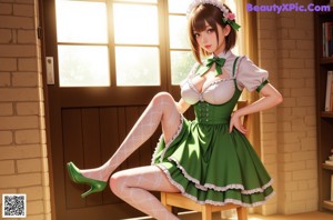 A woman in a green dress sitting on the floor.