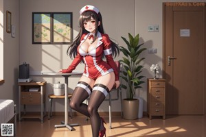 A woman in a nurse outfit posing in front of a window.