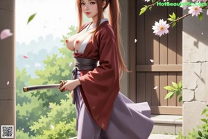 A woman in a traditional kimono stands in a forest with a sword, surrounded by flowers and trees.