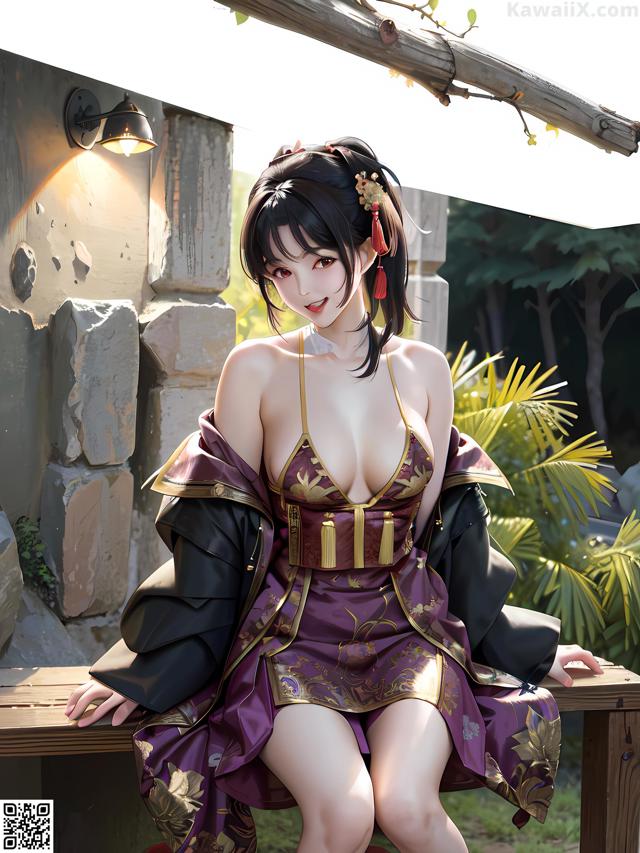 A woman in a purple dress sitting on a wooden bench.