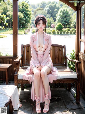 A woman in a green kimono standing in front of a pond.