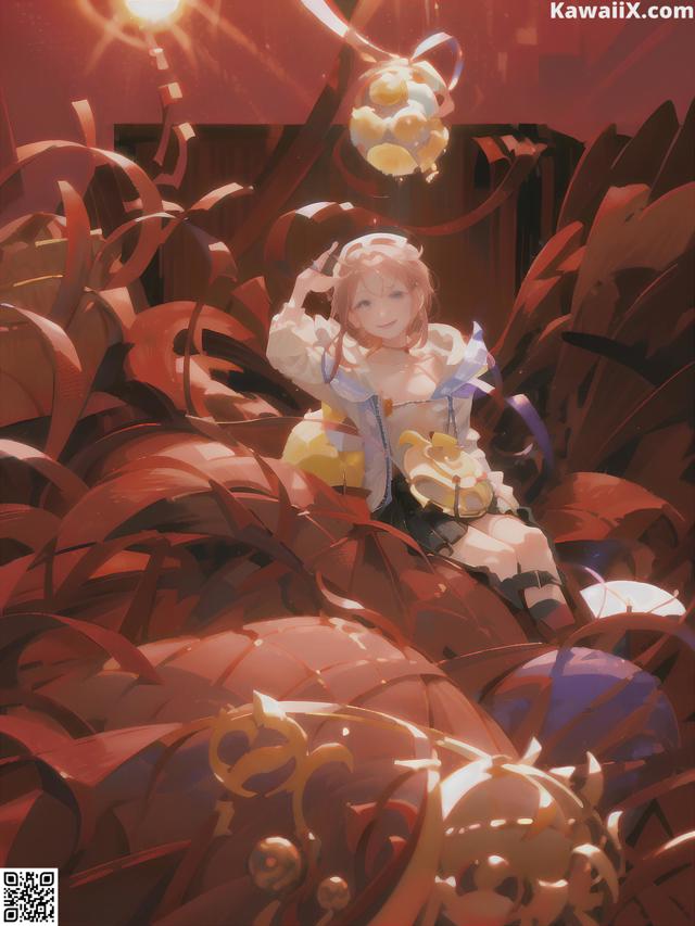 A girl sitting on top of a pile of red leaves.