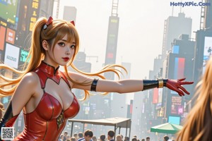 A woman in a red bodysuit is walking down the street.