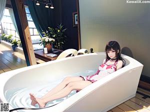 A woman in a purple dress sitting on a bed.