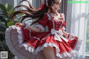 a woman in a red and white outfit sitting on a bed