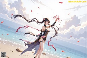 A woman in a white dress standing in a field of flowers.