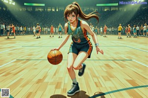 A woman holding a basketball on a basketball court.