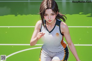 A woman in an orange uniform holding a basketball on a court.