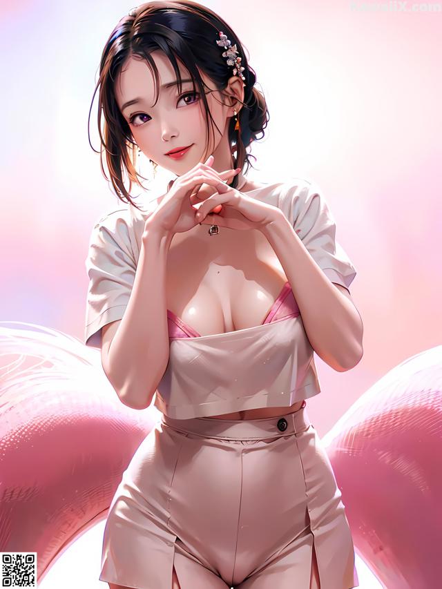 A woman in a white shirt and pink shorts posing for a picture.