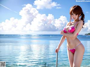 A woman in a white bikini sitting on a beach.