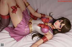 A woman in a red and green outfit laying on a bed.