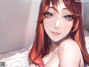 A woman in a red lingerie sitting on a bed.