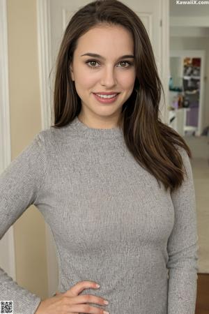 A woman sitting on top of a black couch.