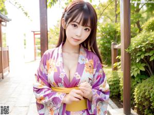 A woman in a blue kimono sitting on the floor.