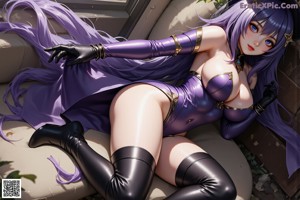 A woman with purple hair and a black leather outfit.