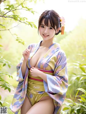 A woman in a blue kimono posing for the camera.