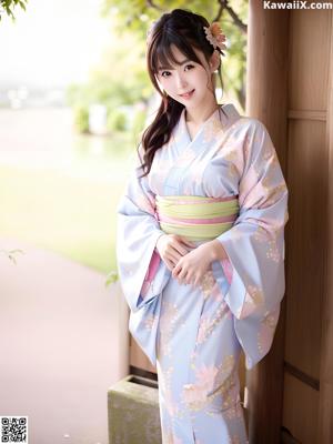 A woman in a blue kimono posing for the camera.