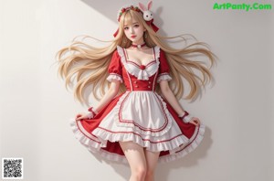 A woman in a red and white dress standing in a kitchen.