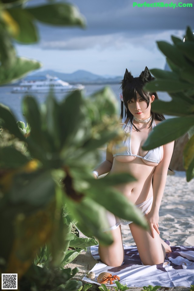 A woman in a bikini sitting on a beach.