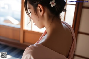 A naked woman sitting on a red couch next to a window.