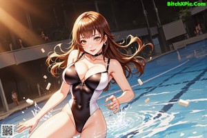 A woman in a black bathing suit sitting in a pool.