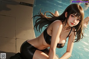 A woman in a black bikini standing next to a swimming pool.