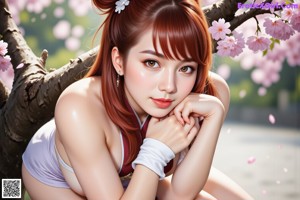 A woman in traditional attire holds a sword and fan, standing outdoors with cherry blossoms.