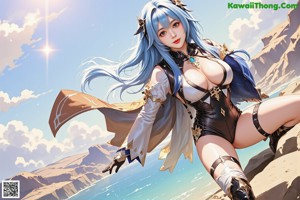 A woman with long blue hair wearing a black and white outfit.
