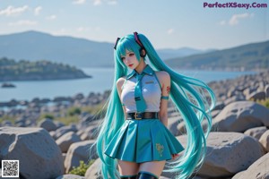 A woman with blue hair wearing a white and gold outfit.