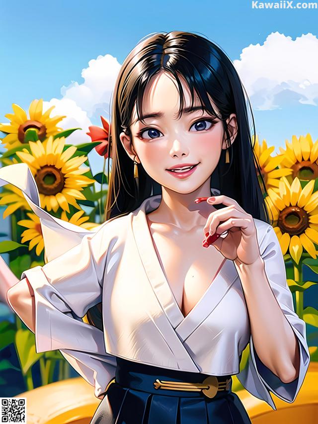 A woman in a white shirt and blue skirt standing in a field of sunflowers.