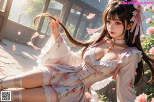 A woman in a pink kimono is posing for a picture.