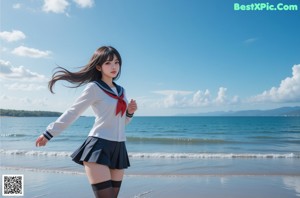 A girl in a school uniform standing in a pool.